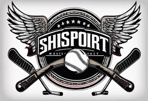 crossed hockey sticks with sports equipment and wings that says "SHOT SPORTS" tattoo idea