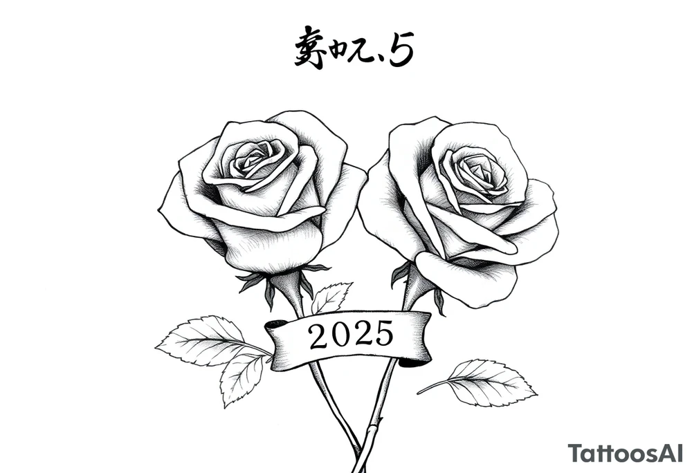 two beautiful rose buds, with leaves and stems, representing two people in love. Include a small banner with "2025" on it.  The word "Rose" written in Kanji above the drawing. tattoo idea