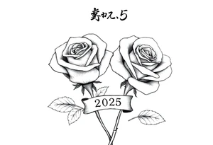 two beautiful rose buds, with leaves and stems, representing two people in love. Include a small banner with "2025" on it.  The word "Rose" written in Kanji above the drawing. tattoo idea