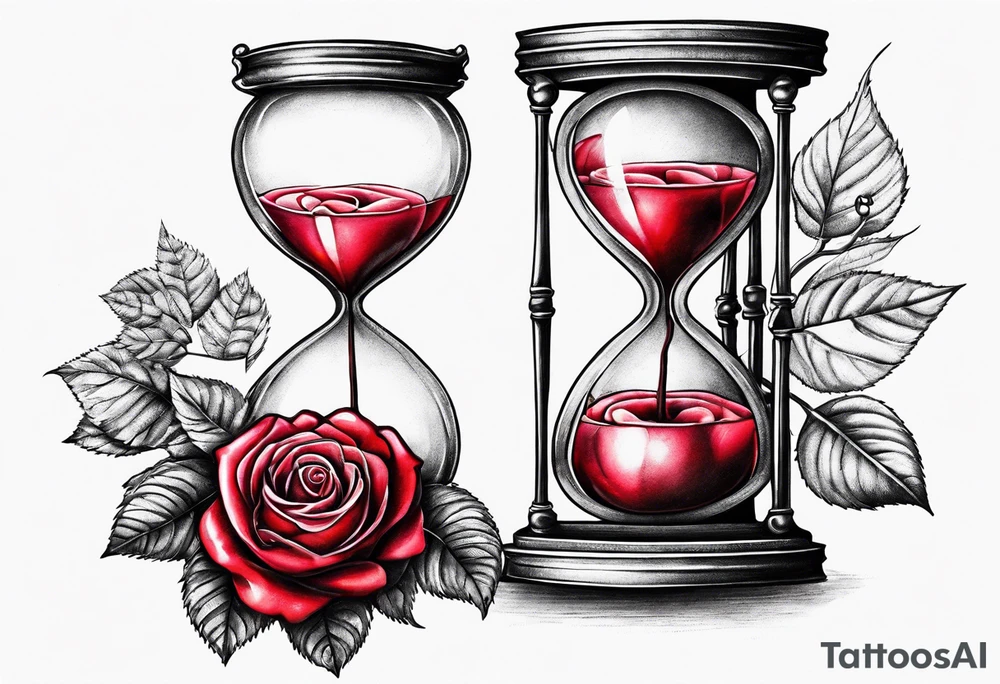 Rose beside hourglass with cherry tree inside tattoo idea