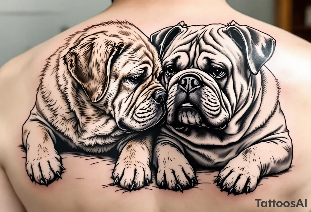 a golden retriever and an English bulldog, lying besides each other, head to head, foreheads touching, side view tattoo idea