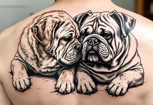 a golden retriever and an English bulldog, lying besides each other, head to head, foreheads touching, side view tattoo idea