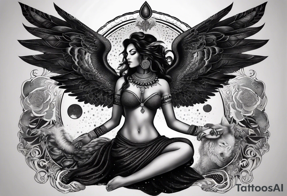 black kali, goddess pirate, alien, angel, pachamama, valkrye, warrior, flying, skull, lotus azul, wing, eagle, zenza resonance, stars, 5D, anahata chakra, death, durga, riding on a tiger, flying lady, kundalini, chest tatoo, samuri, rebel,serpent tattoo idea