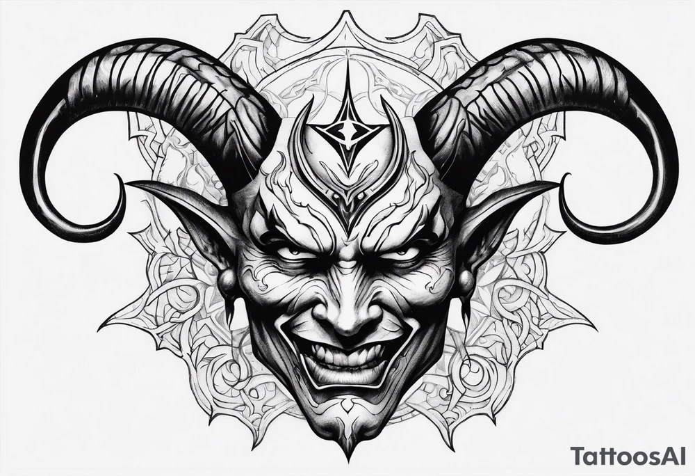 Devil face with a phyrexian symbol on the forehead tattoo idea