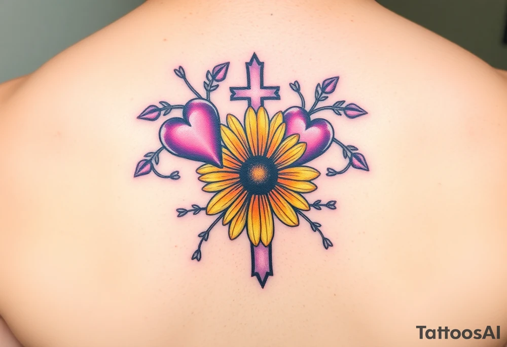 Purple Hearts & yellow Daisy around cross tattoo idea