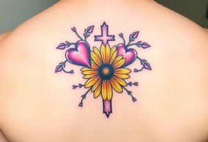 Purple Hearts & yellow Daisy around cross tattoo idea