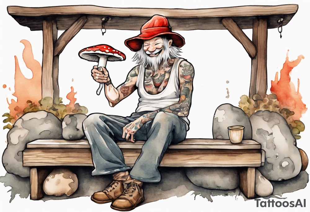 gwyllion
wearing a mushroom hat sitting on a bench by a fireplace drinking from a wood cup, laughing tattoo idea
