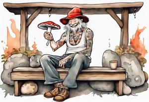gwyllion
wearing a mushroom hat sitting on a bench by a fireplace drinking from a wood cup, laughing tattoo idea