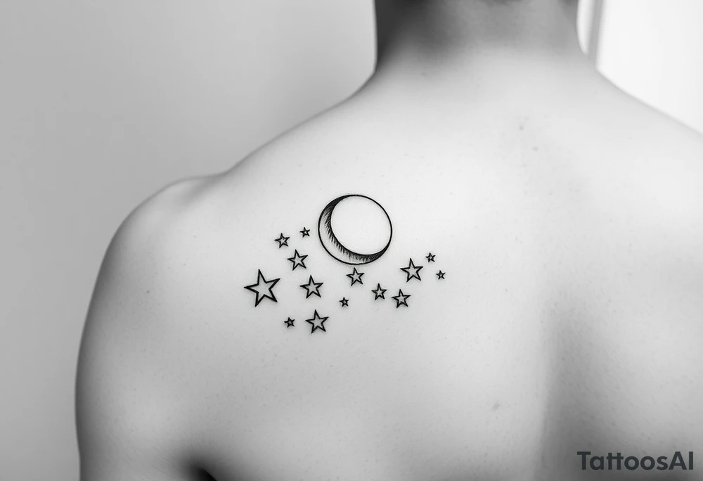 Minimalist fine line tattoo on arm, ornamental stars and moon, whimsical tattoo idea
