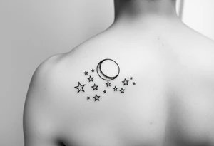 Minimalist fine line tattoo on arm, ornamental stars and moon, whimsical tattoo idea