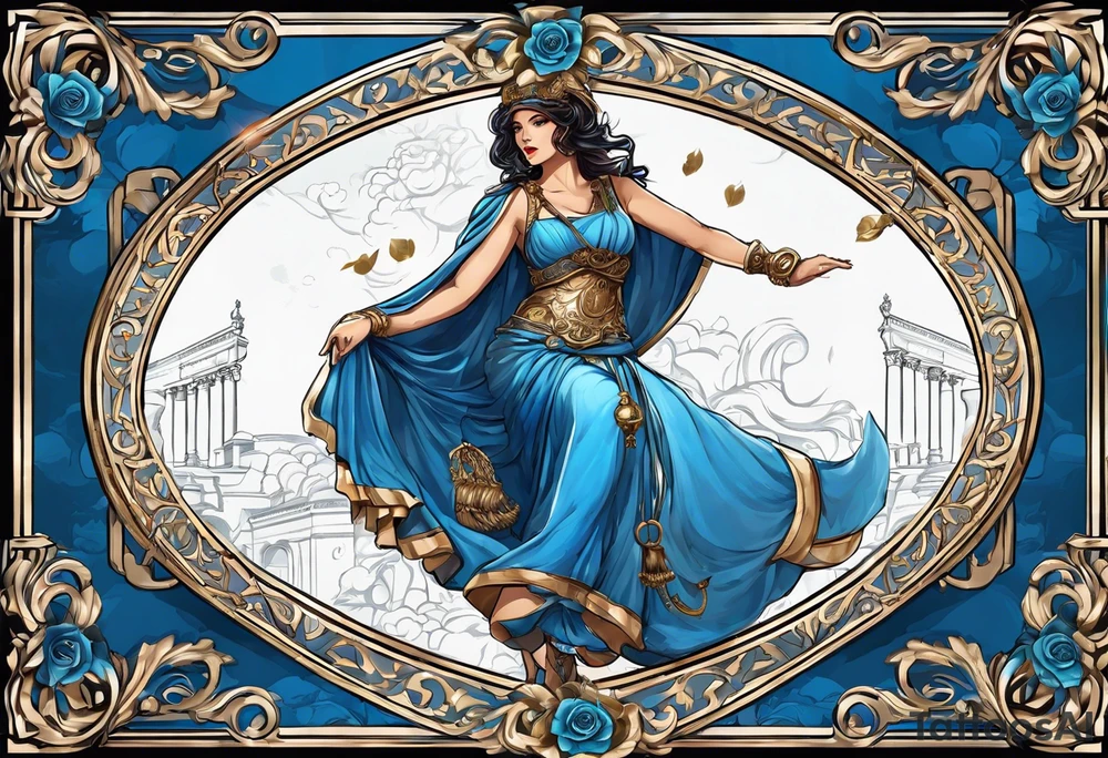 ancient rome clothes ,women,,ancient scale in one hand, blue rose frames, justicia ,keeps  scale tattoo idea
