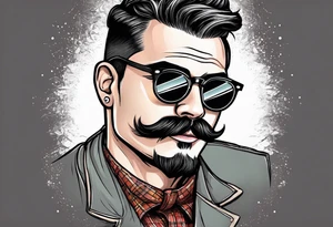 Attractive Male, slim round face, 
mustache, tools, ray-bans, no hair on sides but ponytail on top tattoo idea