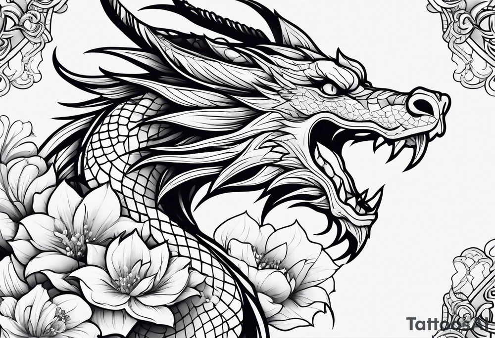 Design for tattoo sleeve - dragon with flowers tattoo idea