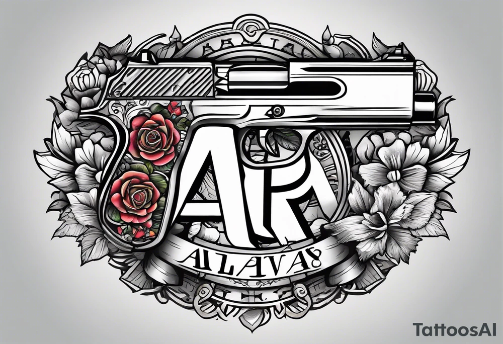 The letters AR with a pistol on each side and the word always on the top and ready on the bottom tattoo idea