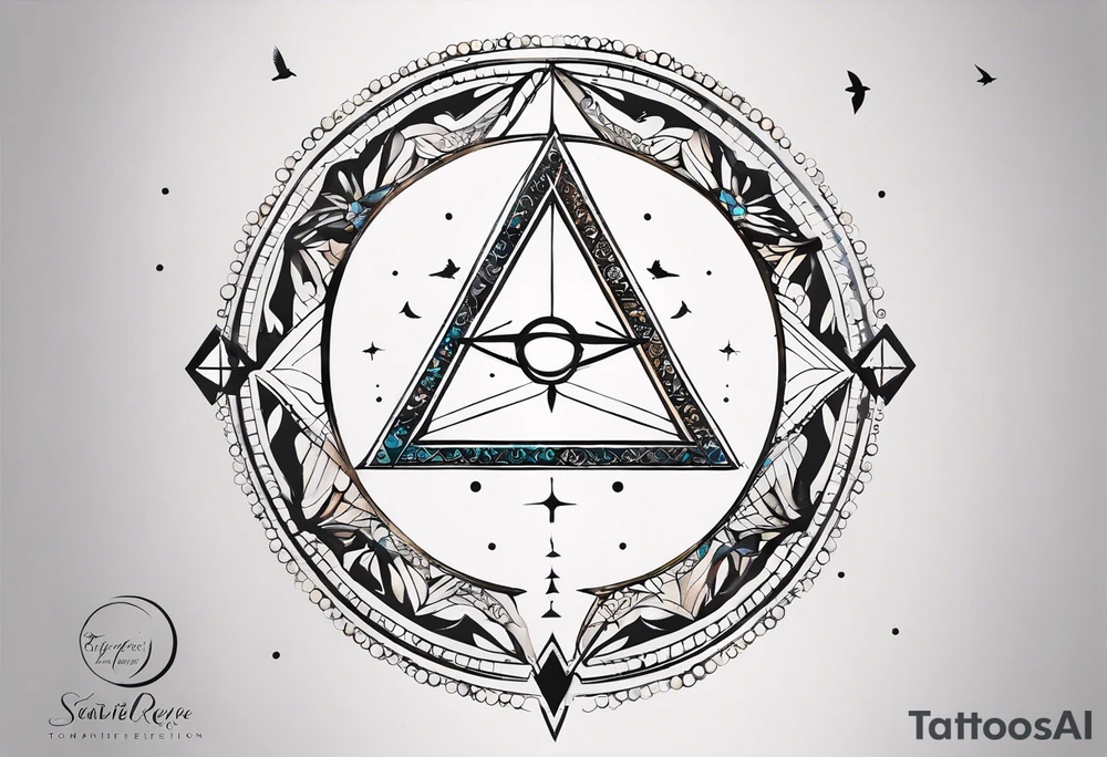 Feminine. Symbolises connection, beauty in imperfection, femininity, duality within oneself, possibility, intuition, hope, joy, spirituality and resilience. Include double triangle, unclosed triangle (delta), triangle with black tip, crescent moon, unclosed circle completed with dots or broken line, hummingbird and swallow birds. tattoo idea