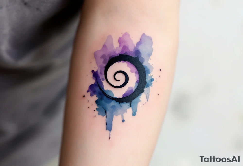 A minimalistic black spiral nestled inside a watercolor wash of soft purples and blues. tattoo idea