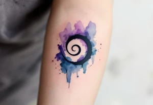 A minimalistic black spiral nestled inside a watercolor wash of soft purples and blues. tattoo idea