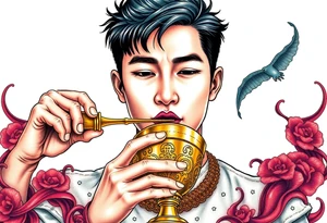 Handsome Asian young guy is drinking from medieval golden cup tattoo idea