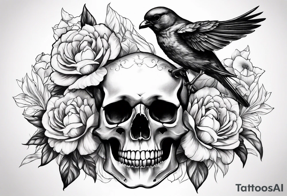 flower peonias, skull and bird tattoo idea