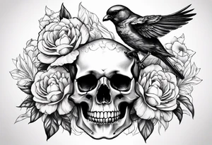 flower peonias, skull and bird tattoo idea