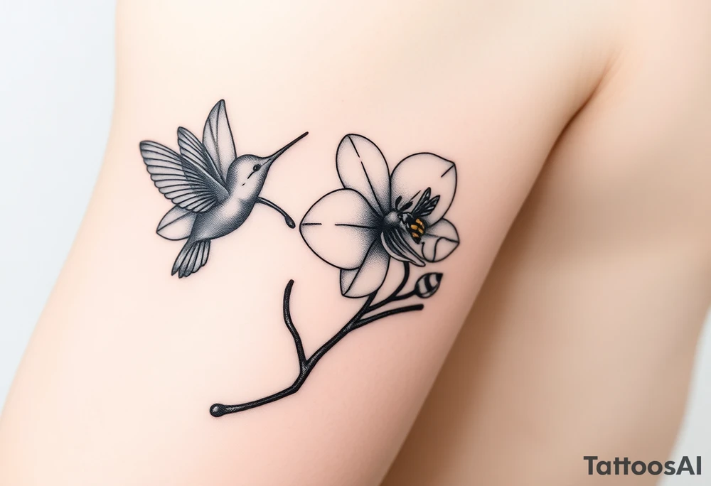 A delicate, black and white fine-line tattoo for male, featuring gracefully detailed 2 orchids in full bloom including their stems, with soft, intricate petals and elegant curves. Beside it, a hummingbird hovers mid-flight, its wings drawn with subtle motion lines, its slender beak reaching toward the orchid’s center to drink its nectar. on the other flower there is a bee that is resting tattoo idea