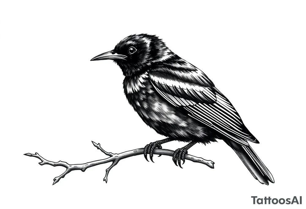 european blackbird male sitting on a branch tattoo idea