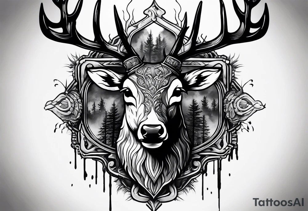 A frightening horror DECAYING deer head JUST BONE surrounded by a forest fire in background tattoo idea