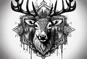 A frightening horror DECAYING deer head JUST BONE surrounded by a forest fire in background tattoo idea