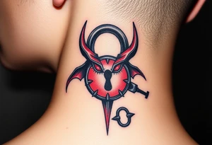 A black and red demonic lock with lockhole and with glowing eyes, with a spiked key floating near it tattoo idea