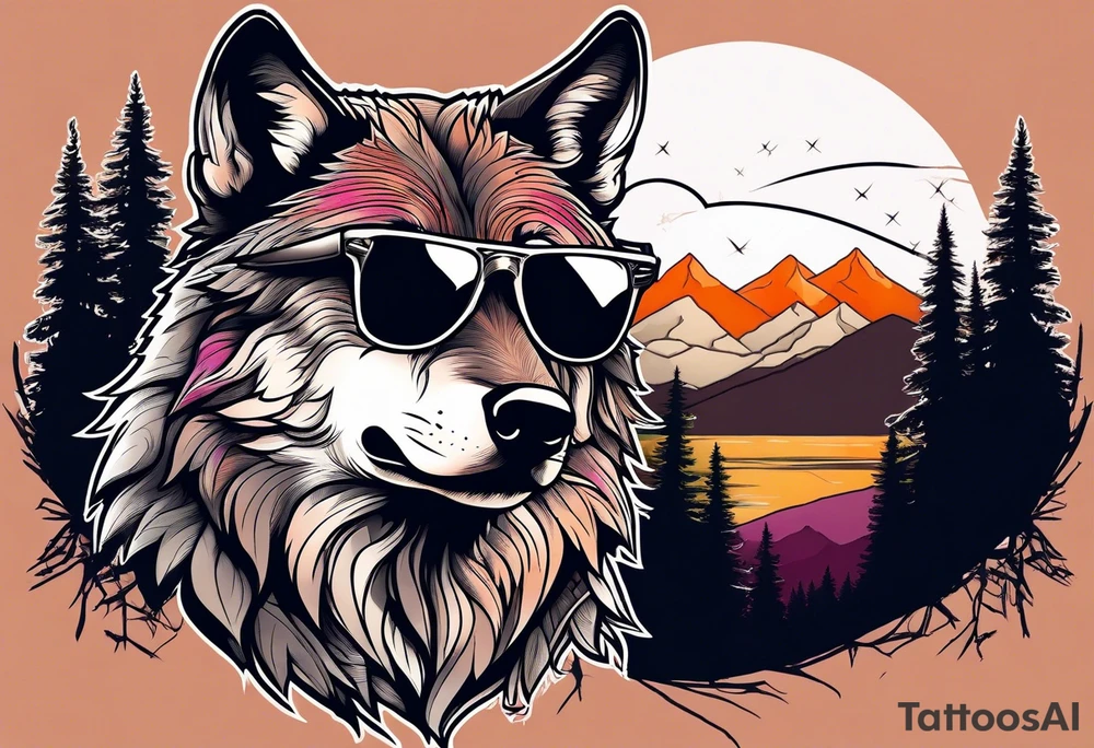 Badass wolf wearing sunglasses
Dark woods
Mountain peaks
Sunset tattoo idea