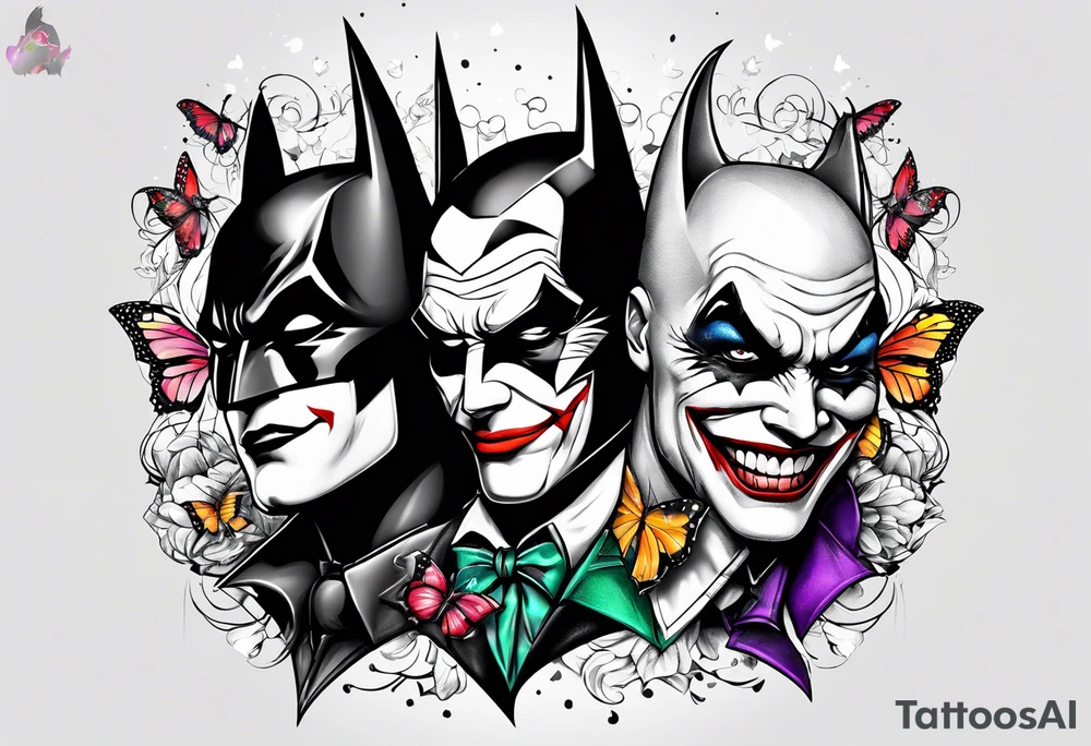 Small Batman and joker with Harley Quinn tattoo with butterflies and lots of color tattoo idea