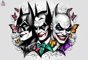 Small Batman and joker with Harley Quinn tattoo with butterflies and lots of color tattoo idea