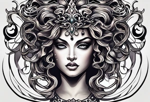 Medusa head with a mysterious expression, capturing both her allure and danger. Blend dream-like qualities with the striking figure of Medusa. tattoo idea