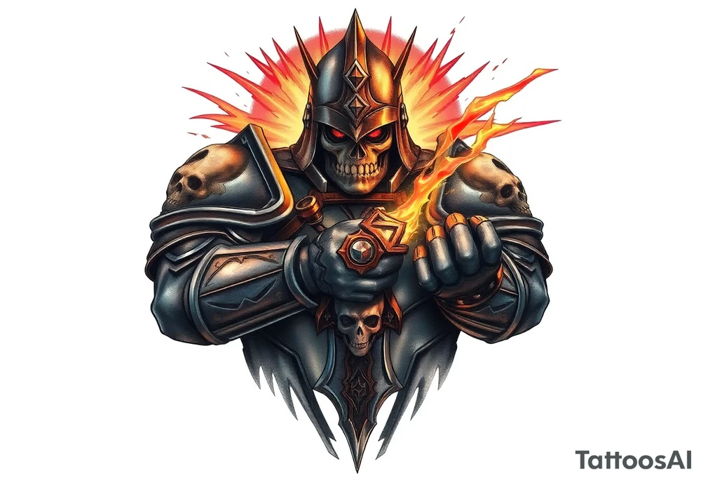 From the warhammer universe, the Old World. A warrior priest of Sigmar holding The Warhammer of Sigmar. The Warhammer of Sigmar is radiating thunderous energy. The Warhammer is held by the warrior priest with both hands upon his chest level. The Warrior priest is wearing dark alloyed heavy armour with skull sigils on his shoulder pads. The warrior priest is wearing a fully head covered helmet, while the helmets front visor has an intimidating humanoid face covering. The helmet and armour are galdened with hints of gold and crimson red. tattoo idea