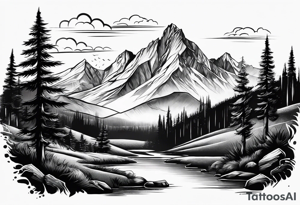 A mountain landscape overlooking a forest tattoo idea