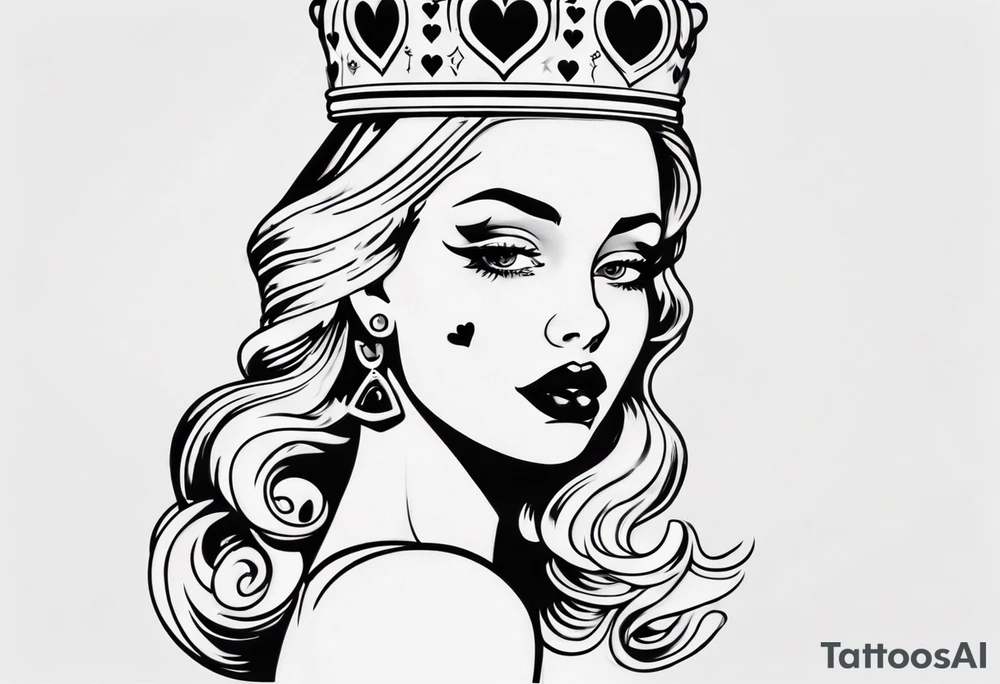 pin-up queen of hearts with blank eyes and a crown tattoo idea