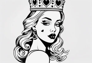 pin-up queen of hearts with blank eyes and a crown tattoo idea
