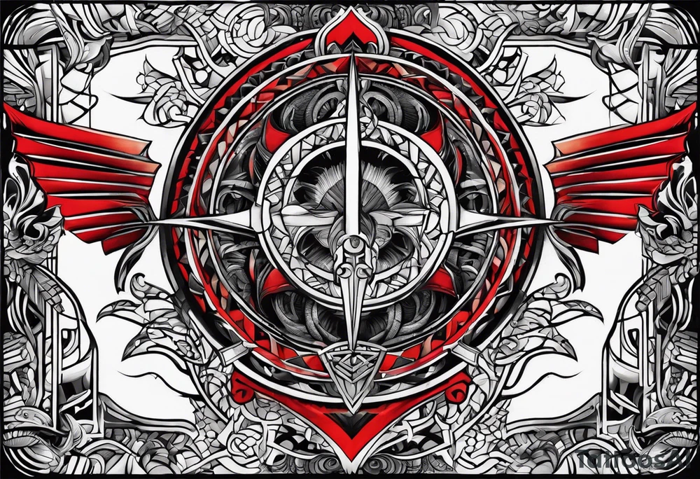 Bold geometric tapestry trident in colour on arm tattoo idea