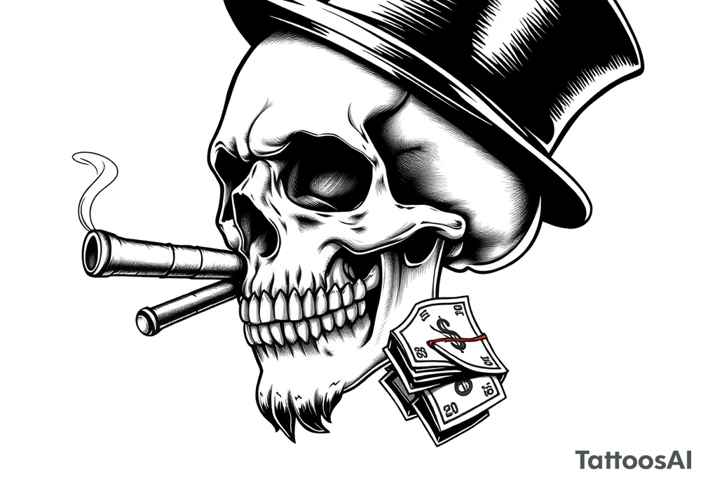 skull with mustache,a big cigar in his mouth,a top-hat on his head and alot of money in a hand. tattoo idea