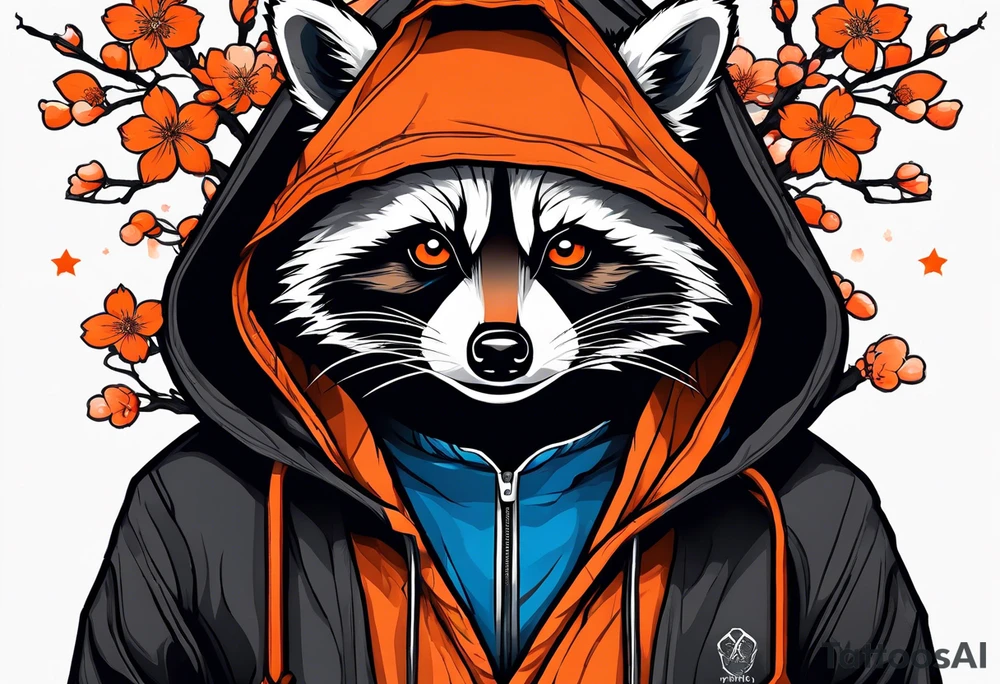 Raccoon wearing a white Superman logo on a black hoodie and orange Japanese cherry blossoms tattoo idea