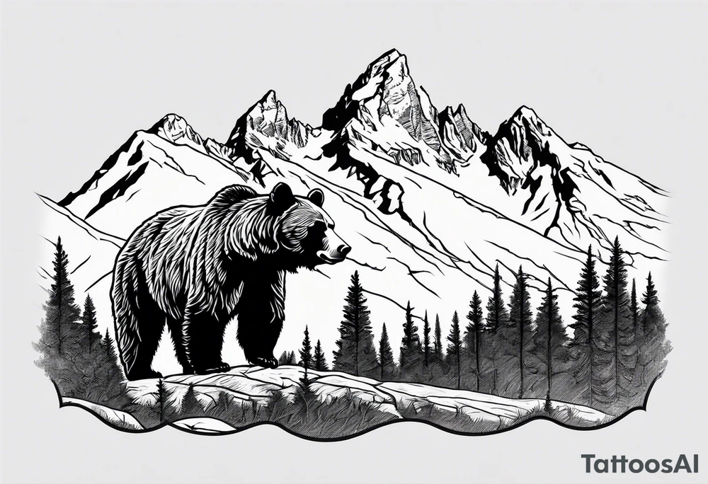Grizzly bear line with grand Teton mountain tattoo idea