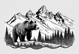 Grizzly bear line with grand Teton mountain tattoo idea