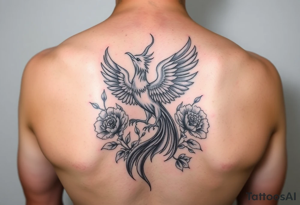 A pheonix rising out of fire surrounded by carnation flowers tattoo idea
