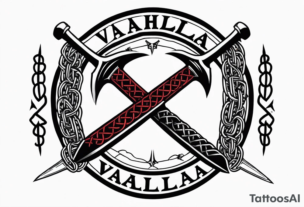 Valhalla sword round shield axe barbed wire chains tattoo idea