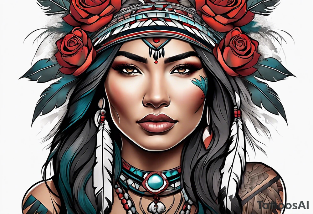 Native American woman wrapped in roses with a wolf pelt tattoo idea