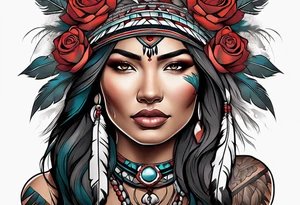 Native American woman wrapped in roses with a wolf pelt tattoo idea