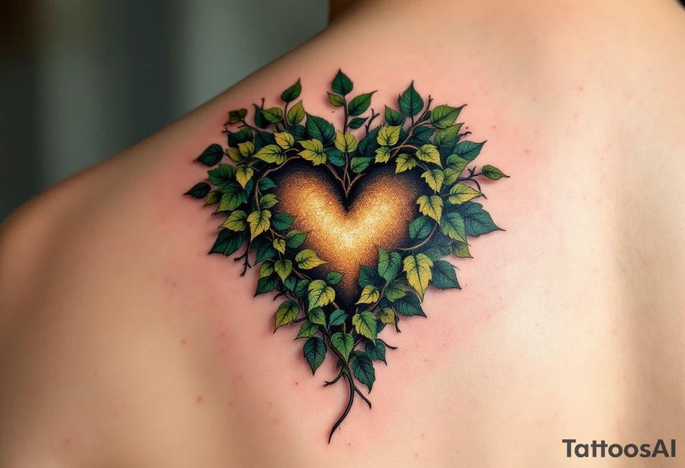 An ivy-covered heart emerging from the skin, shaded in deep emerald and gold tattoo idea