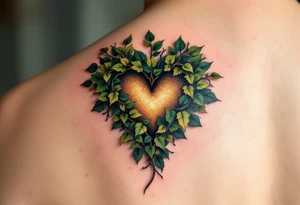 An ivy-covered heart emerging from the skin, shaded in deep emerald and gold tattoo idea