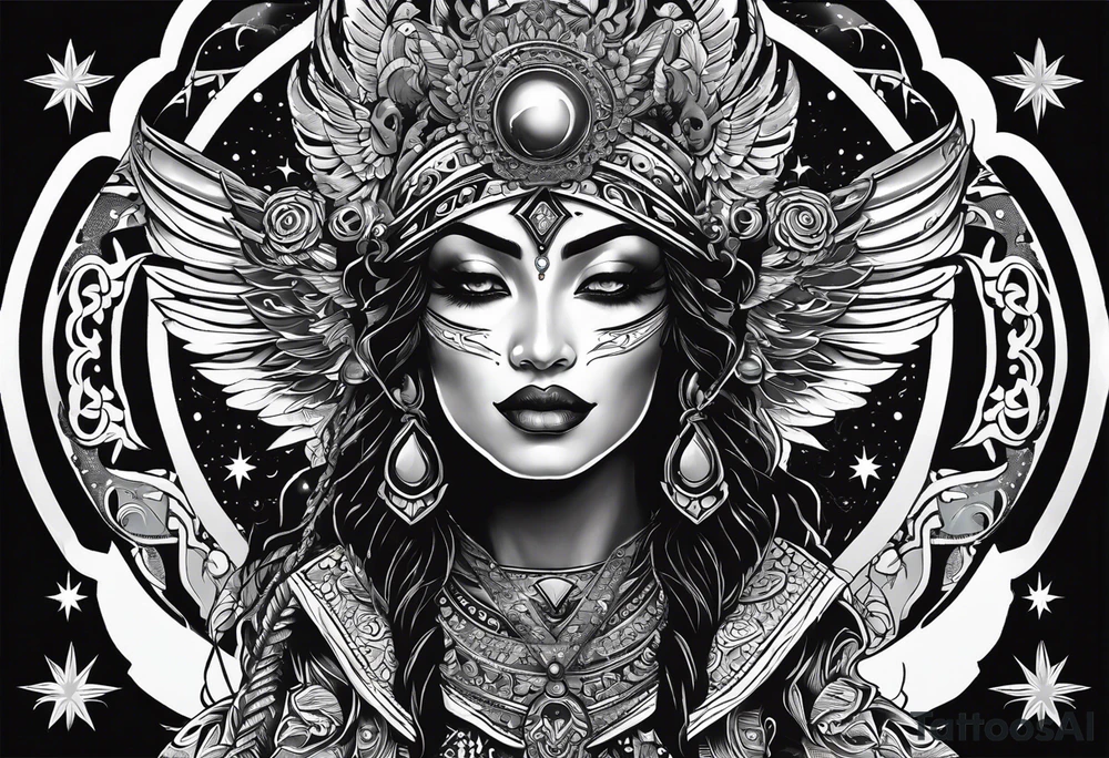 black kali, goddess pirate, alien, angel, pachamama, valkrye, warrior, flying, skull, lotus azul, wing, eagle, zenza resonance, stars, 5D, anahata chakra tattoo idea