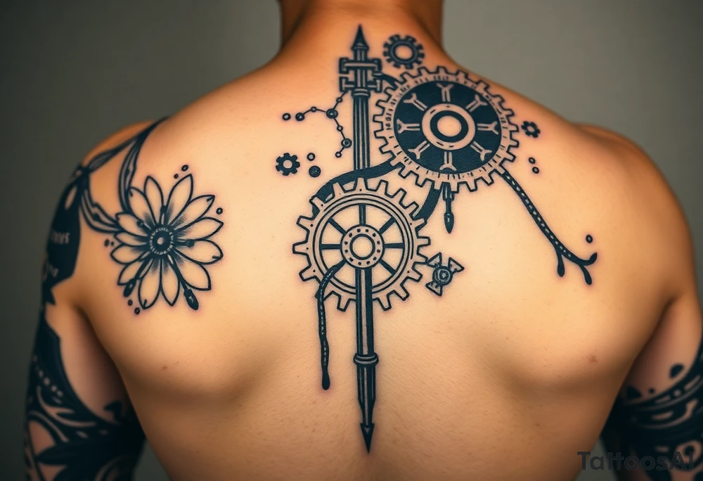 Can you help me design my next tattoo? I already have Polynesian-style tattoos covering left shoulder blade and second in the middle of back going along the spine up till my neck, and I’m looking for ideas to fill the white space between them. I haven’t been able to come up with anything that works. The white space starts from the neck, goes between the shoulderblades and goes all the way from the sides to top of my buttocks.

I’d like the new elements to be in a different style than Polynesian, but still visually cohesive so they complement the existing tattoos rather than clash with them. Maybe steampunk, pipes, cords, cogwheels and mechanical elements tattoo idea